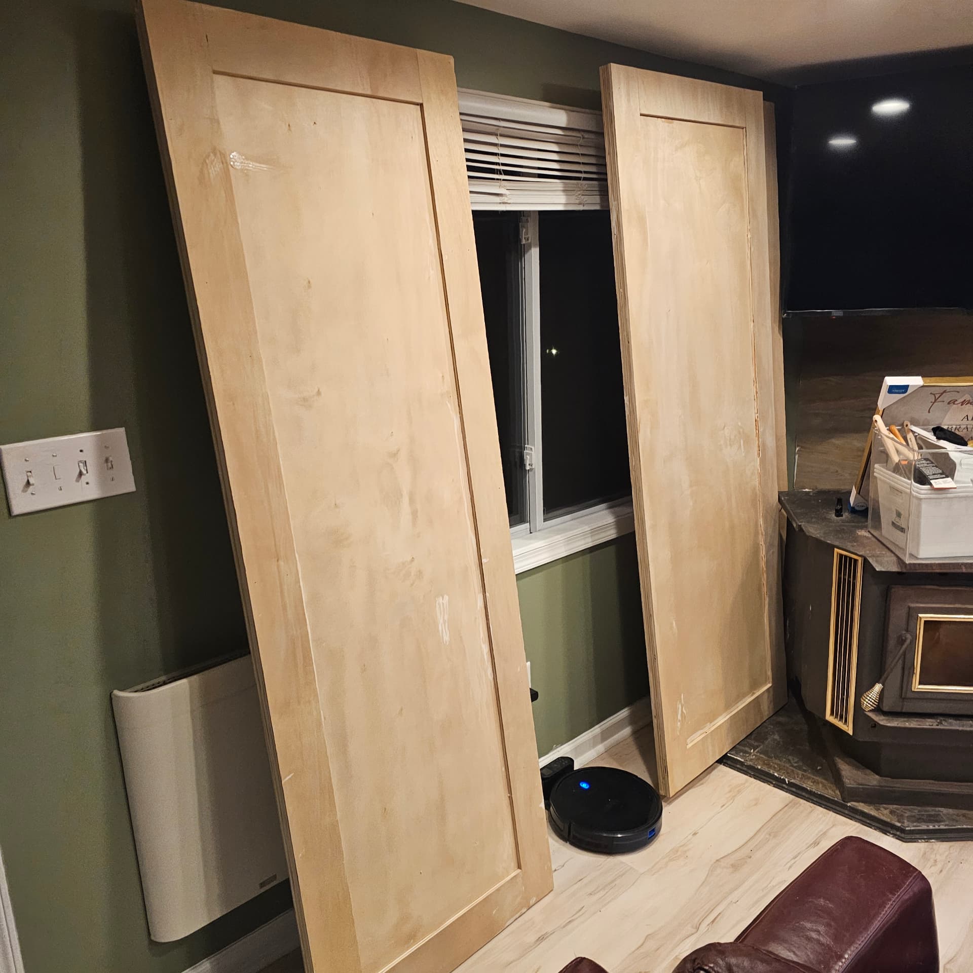 Raw pine door panels before finishing
